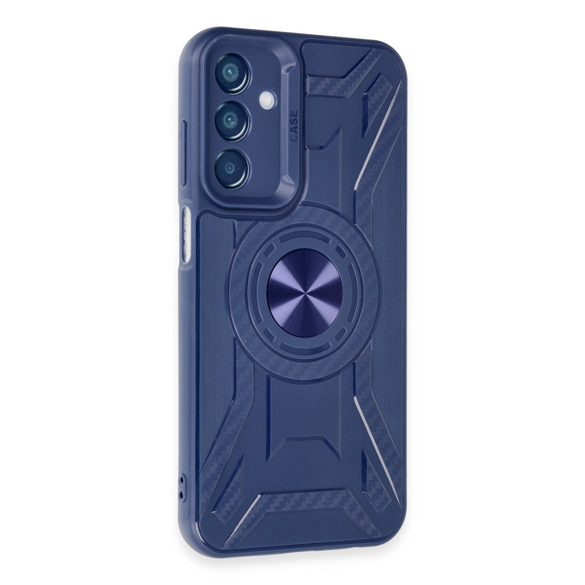 Halka tutuculu, üç lensli koyu mavi telefon kılıfı.