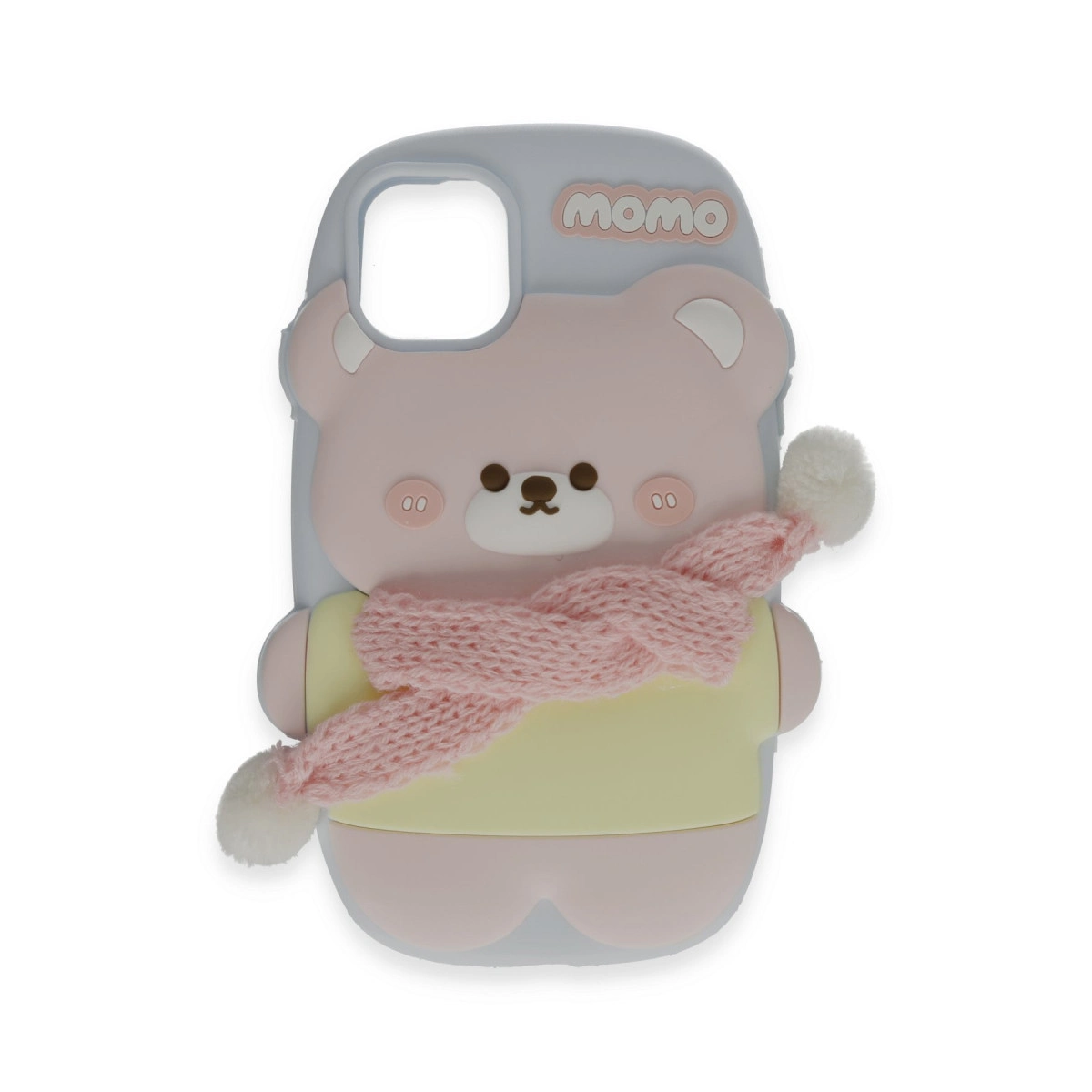 Pembe ayıcık şeklinde atkılı ve ponponlu telefon kılıfı.