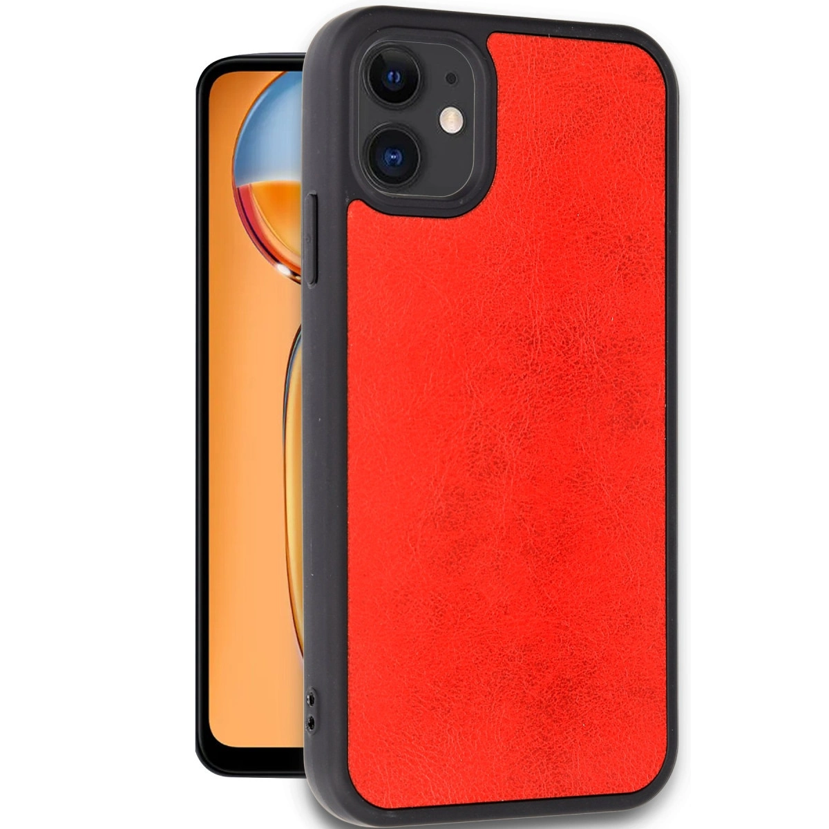 Siyah çerçeveli kırmızı telefon kılıfı, telefonun yanında.