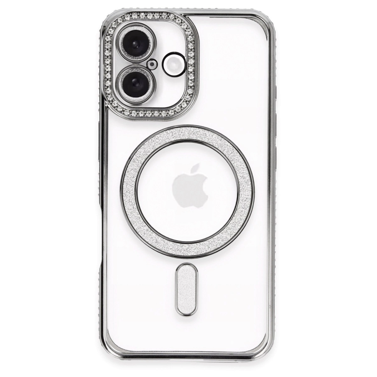 Gümüş vurgulu, kameralı ve Apple logolu şeffaf telefon kılıfı.
