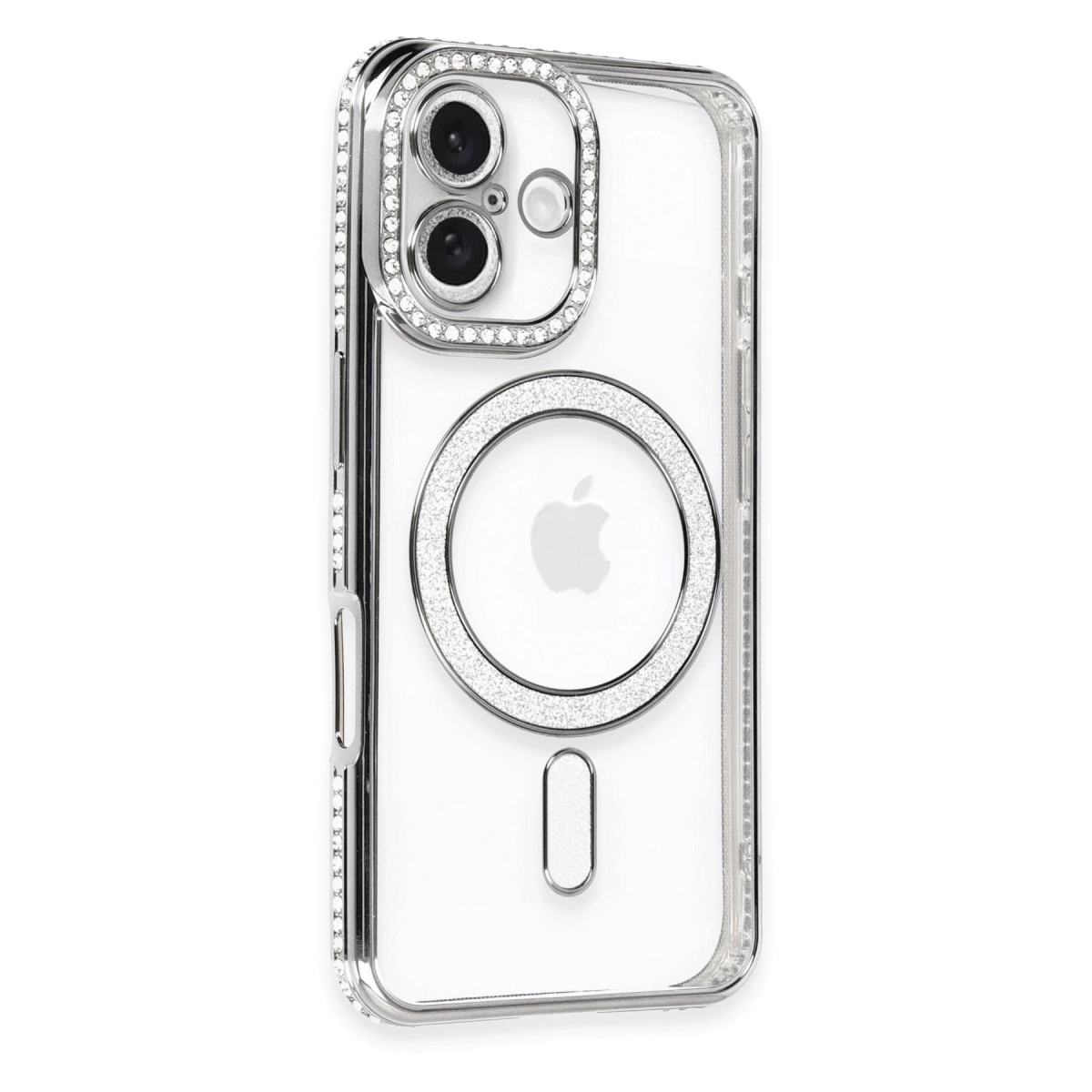 Kamera ve manyetik halka çevresinde gümüş vurgular ve sim bulunan şeffaf telefon kılıfı.