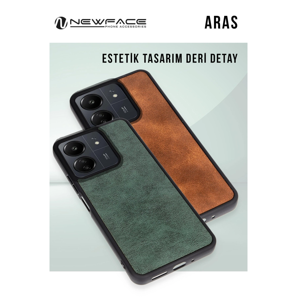 Deri dokulu ve kamera modüllü iki telefon kılıfı, biri yeşil, diğeri kahverengi.