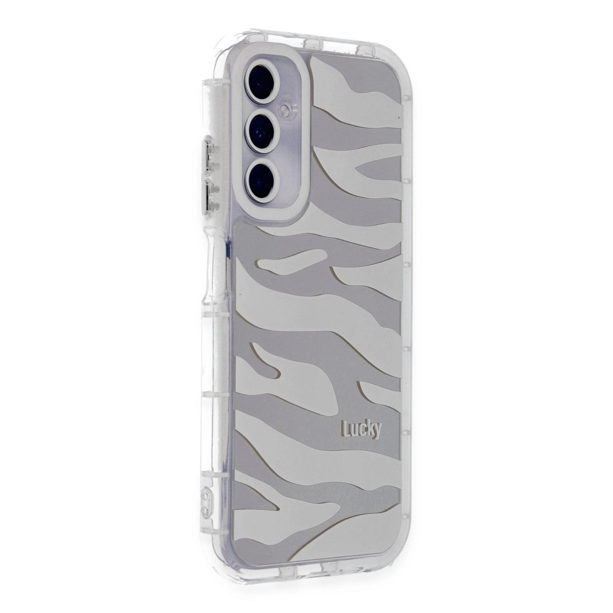 Şeffaf telefon kılıfı, gri zebra deseni ve üzerinde 'Lucky' yazısı.