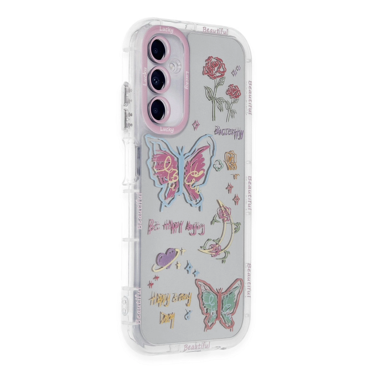 Pembe ve mavi kelebekler, güller ve metin içeren şeffaf telefon kılıfı.