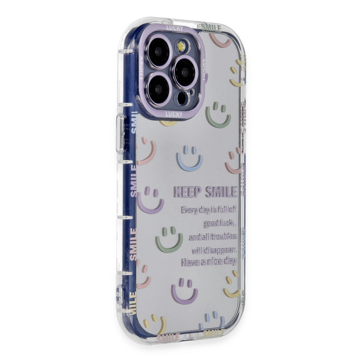 Gülen yüzler ve metin içeren şeffaf telefon kılıfı.