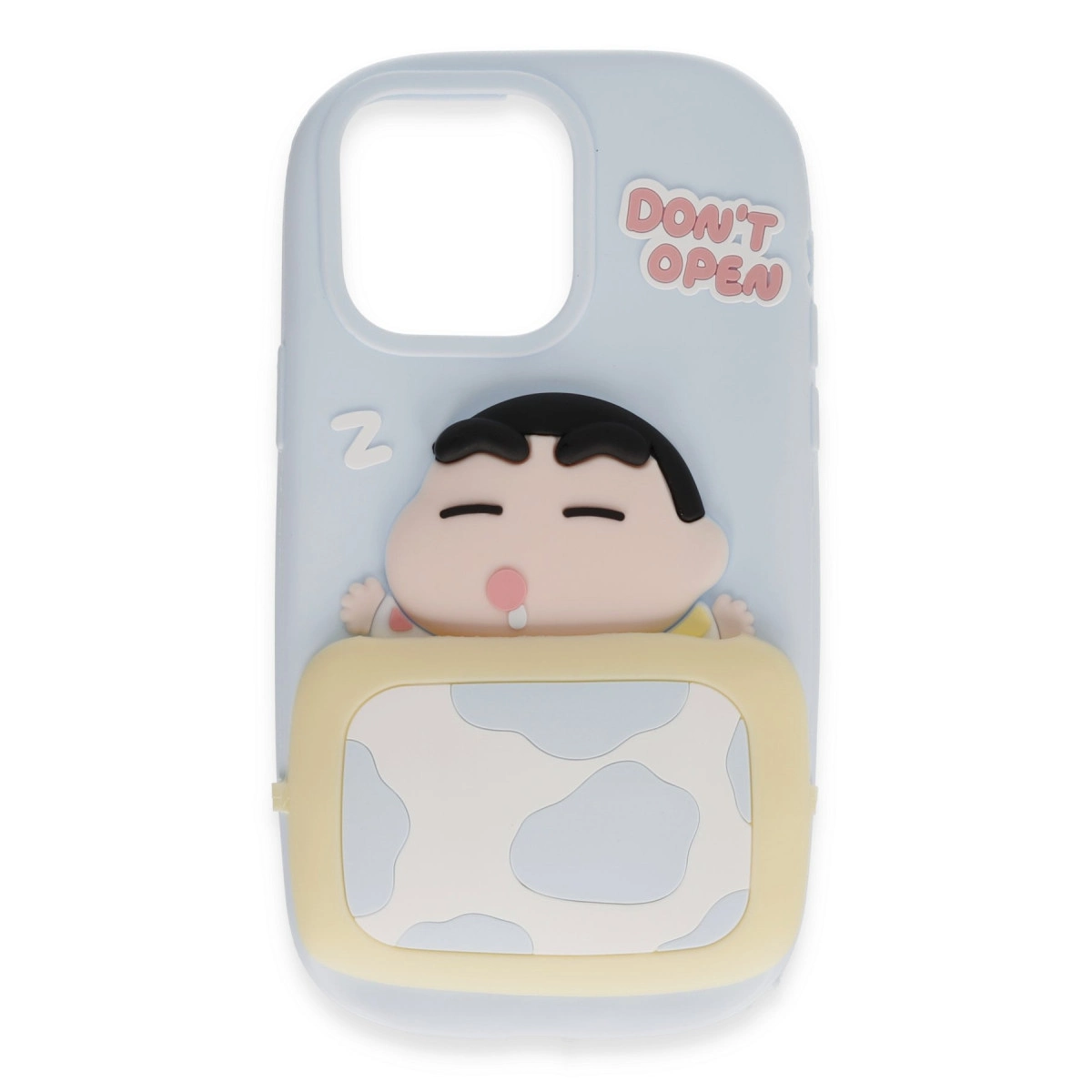 Uyuyan Shin-chan karakterli ve "DON'T OPEN" yazılı açık mavi telefon kılıfı.