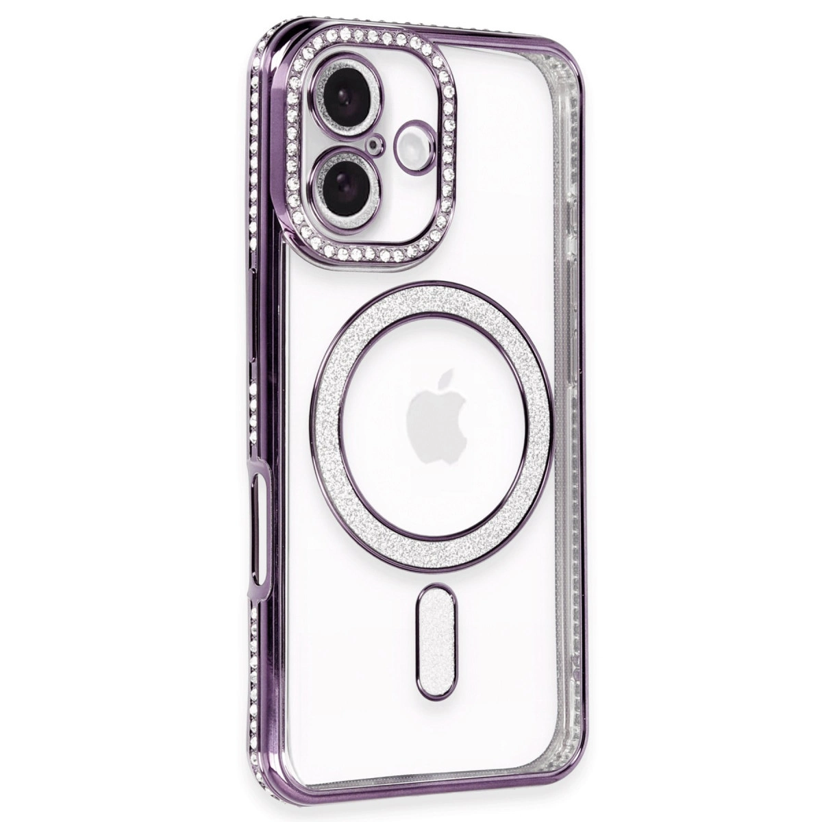 Taşlı, simli halkalı ve Apple logolu mor iPhone kılıfı.