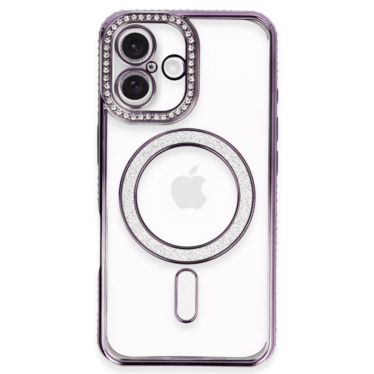 Kamera lensi etrafında halkalar ve taşlar bulunan mor iPhone kılıfı.