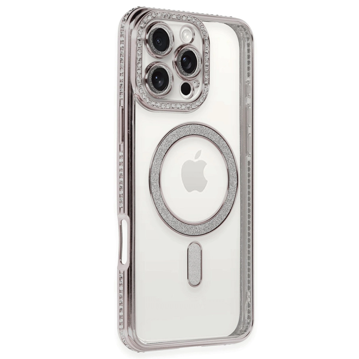 Parlak kenarlı şeffaf iPhone kılıfı, kameraları ve Apple logosunu gösteriyor.