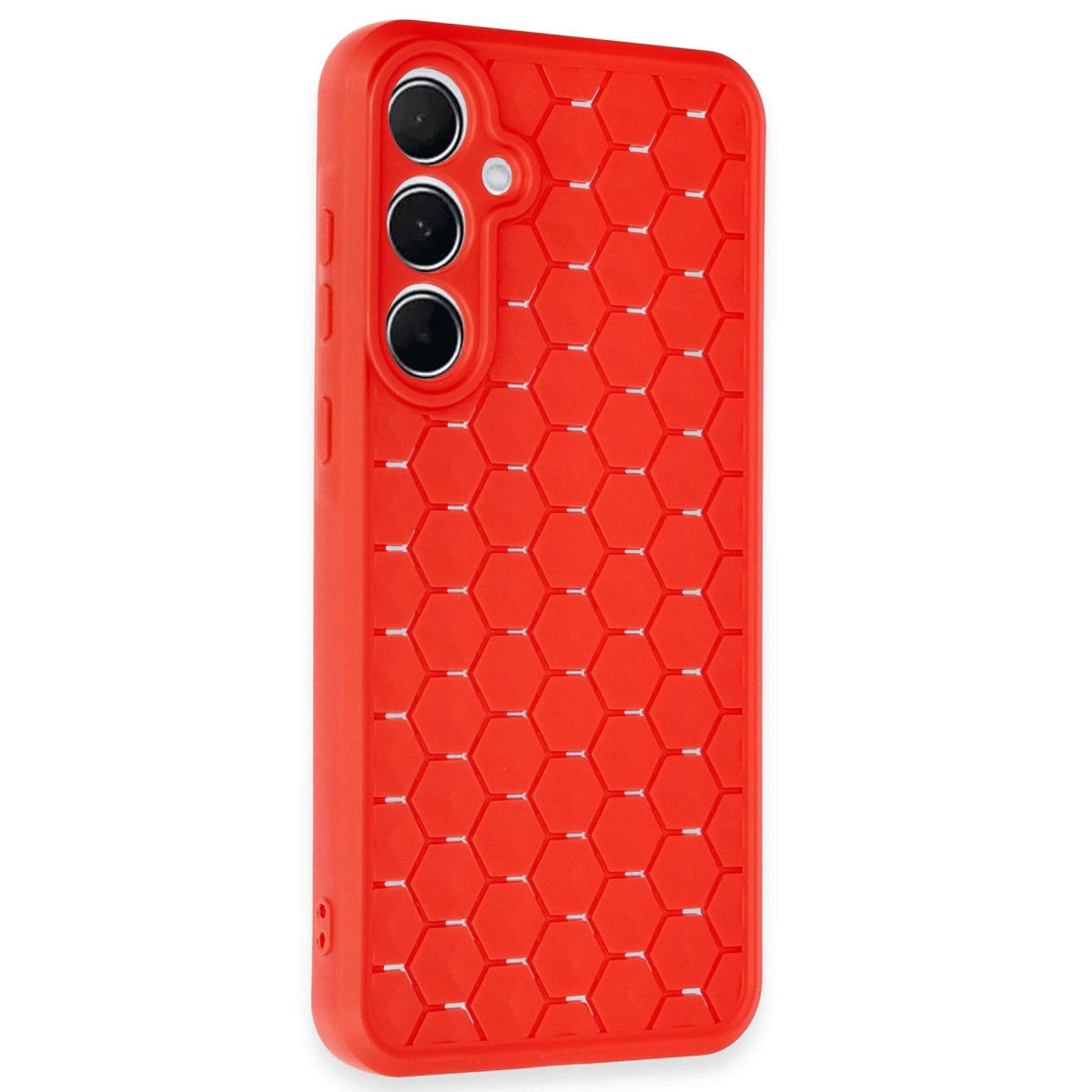 Altıgen desenli ve üç kamera lensli kırmızı telefon kılıfı.