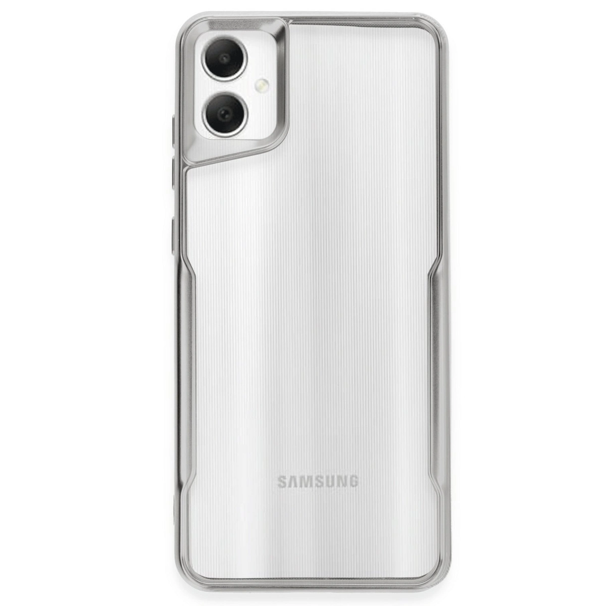 Çift kameralı ve nervürlü dokulu şeffaf Samsung telefonun arkası.