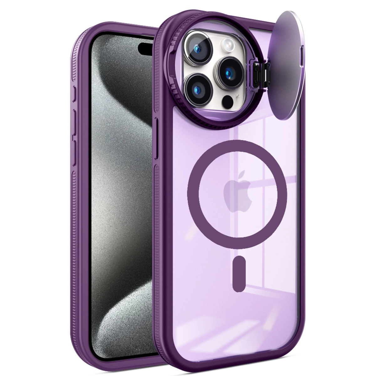 Kamera kapaklı ve Apple logolu manyetik halkalı mor telefon kılıfı.