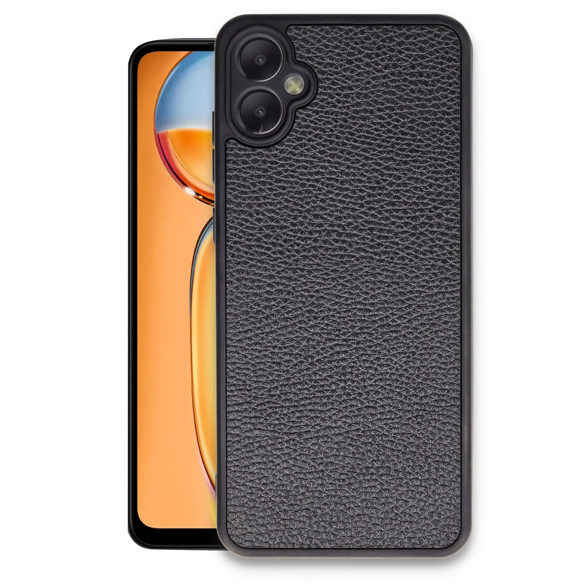 İki lensli siyah deri telefon kılıfı, turuncu ekranda.