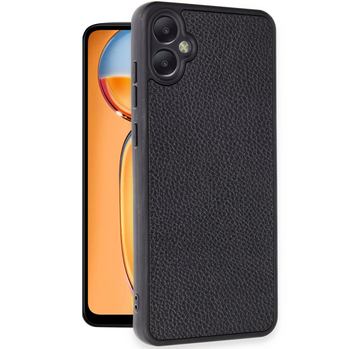 Deri dokulu kılıflı ve çift kameralı siyah telefon.
