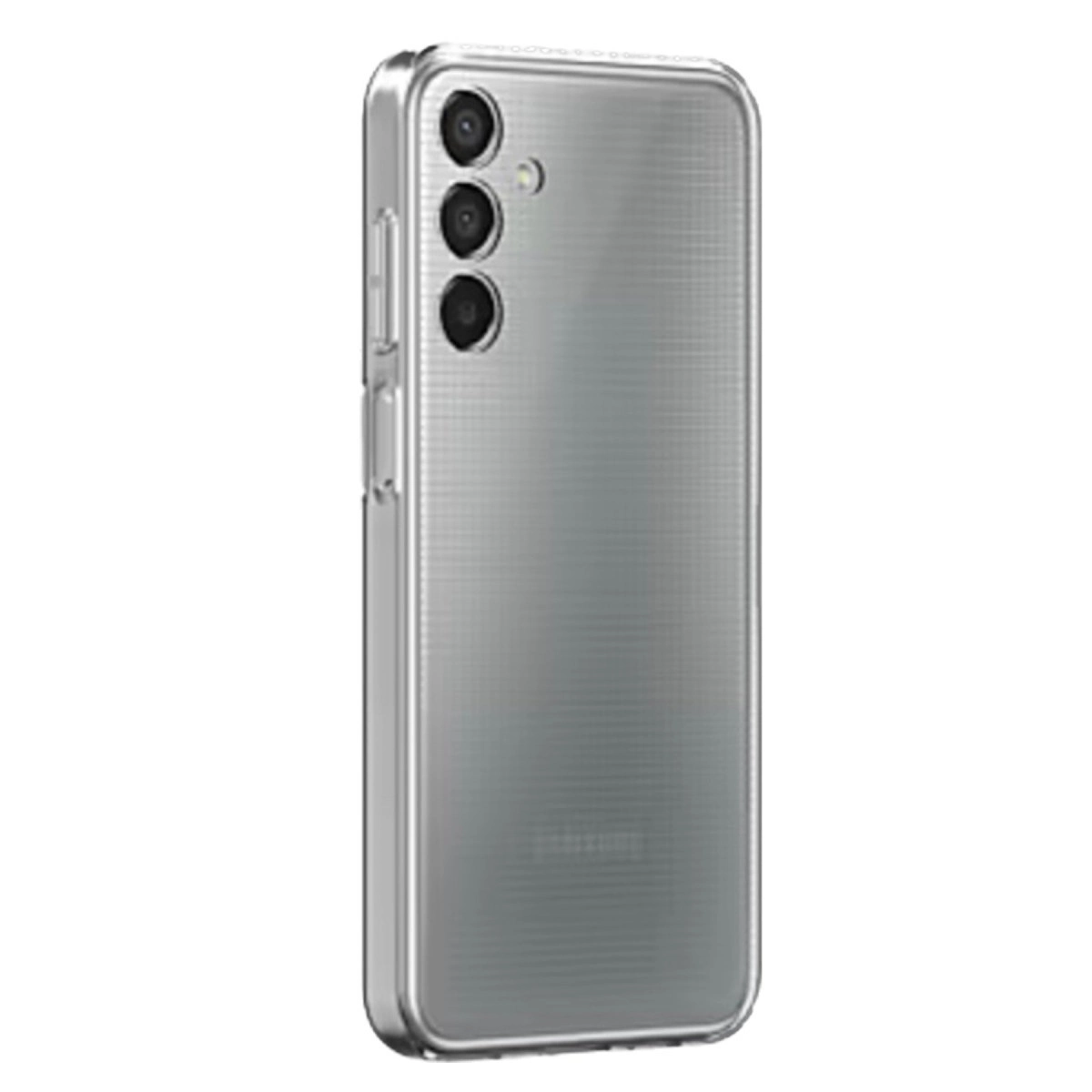 Üç kameralı, şeffaf kasalı gümüş renkli akıllı telefonun arkası.