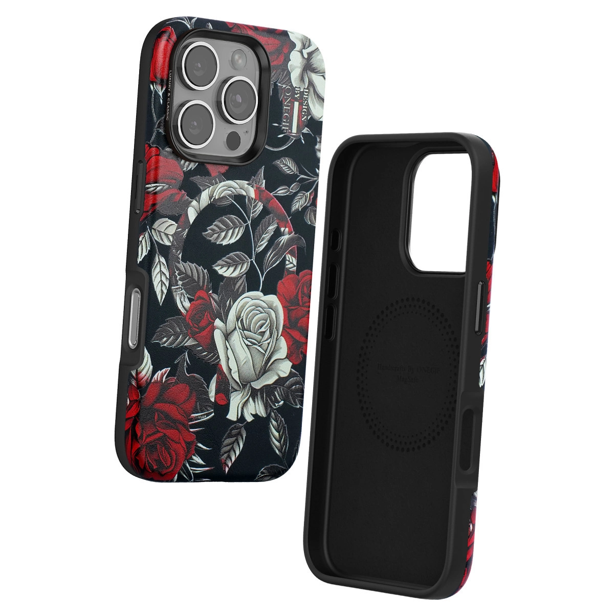 Kırmızı ve beyaz gül desenli siyah iPhone kılıfı.