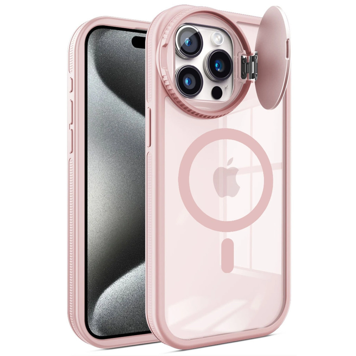 Kamera korumalı ve MagSafe logolu pembe iPhone kılıfı.