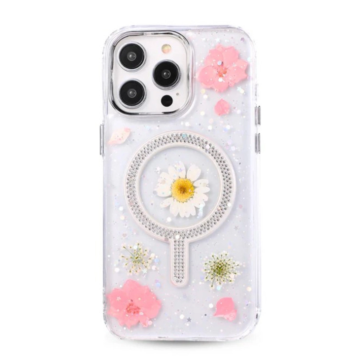 NEWFACE iPhone 15 Pro Max Uyumlu Flower Magsafe Telefon Kılıfı Pembe