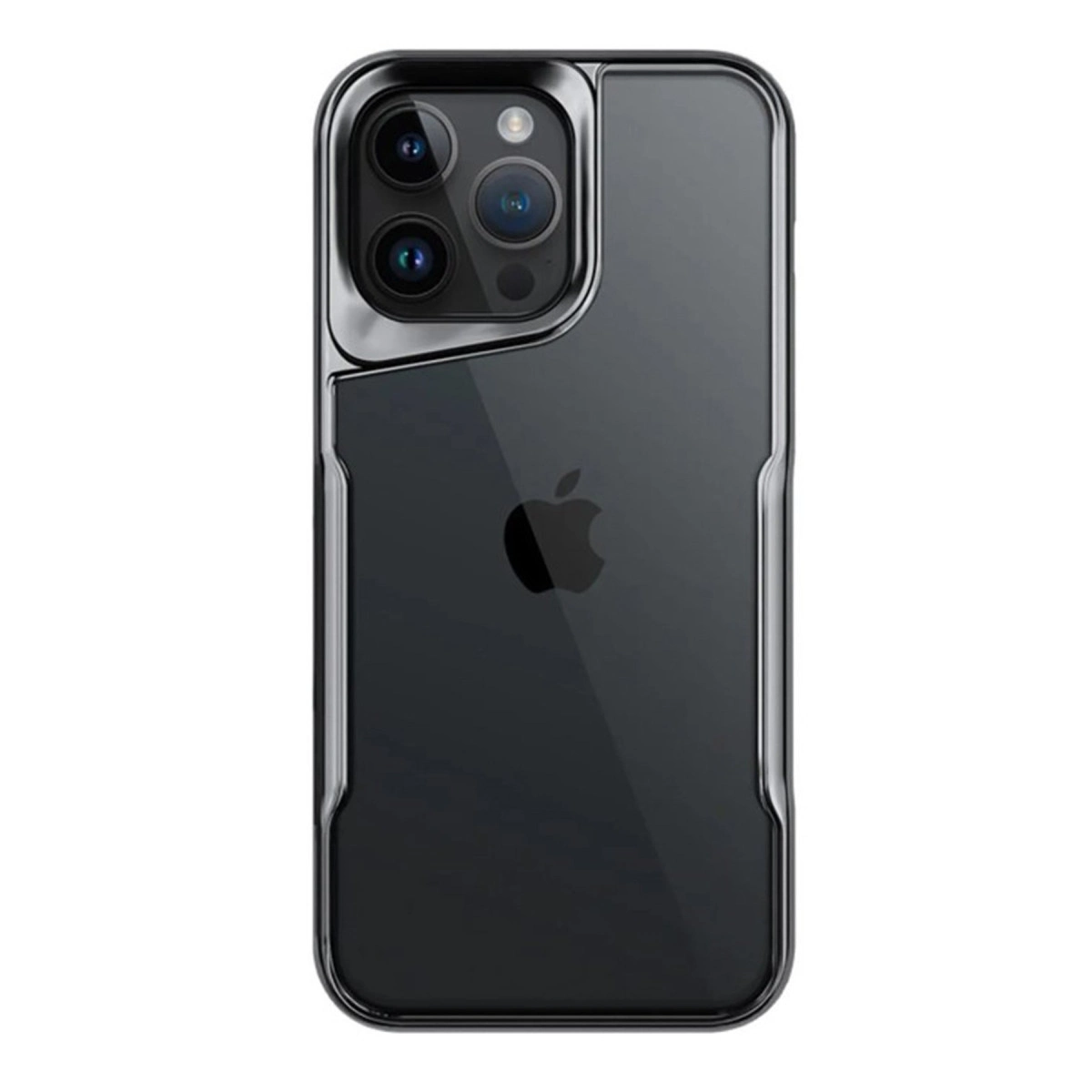 Üç kameralı, şeffaf kılıflı koyu renk iPhone.