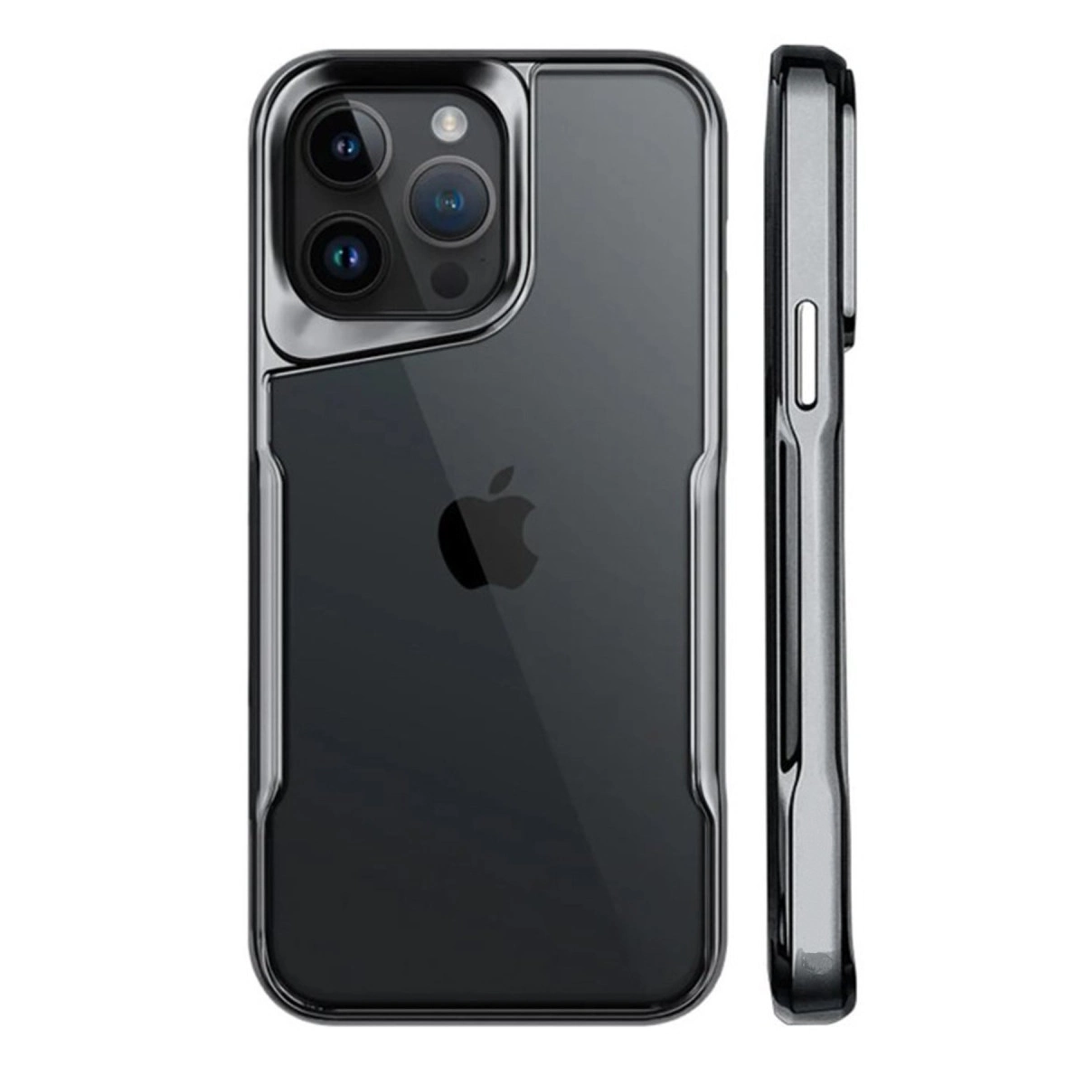 Arkada üç kamerası ve yan tarafı olan koyu renkli bir iPhone kılıfı.