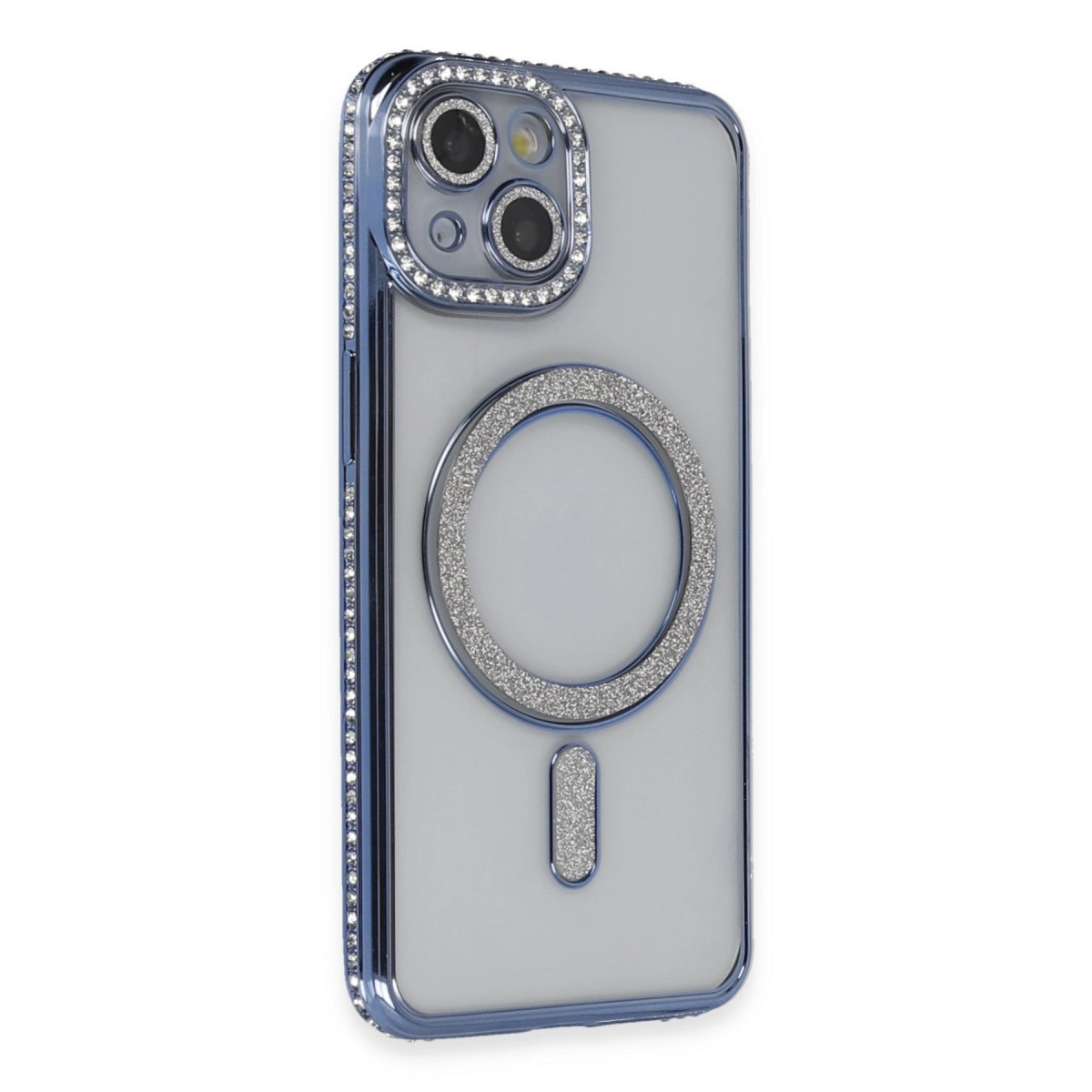 Mavi iPhone kılıfı, taşlı ve simli halkalı.