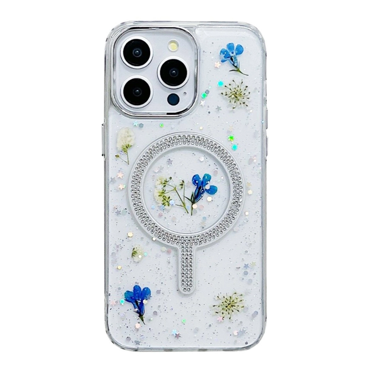 NEWFACE iPhone 14 Pro Max Uyumlu Flower Magsafe Telefon Kılıfı Krem