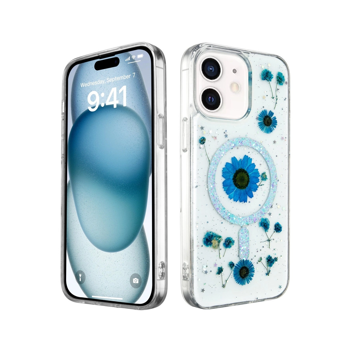 Kurutulmuş mavi çiçekler ve sim detaylı şeffaf iPhone kılıfı.