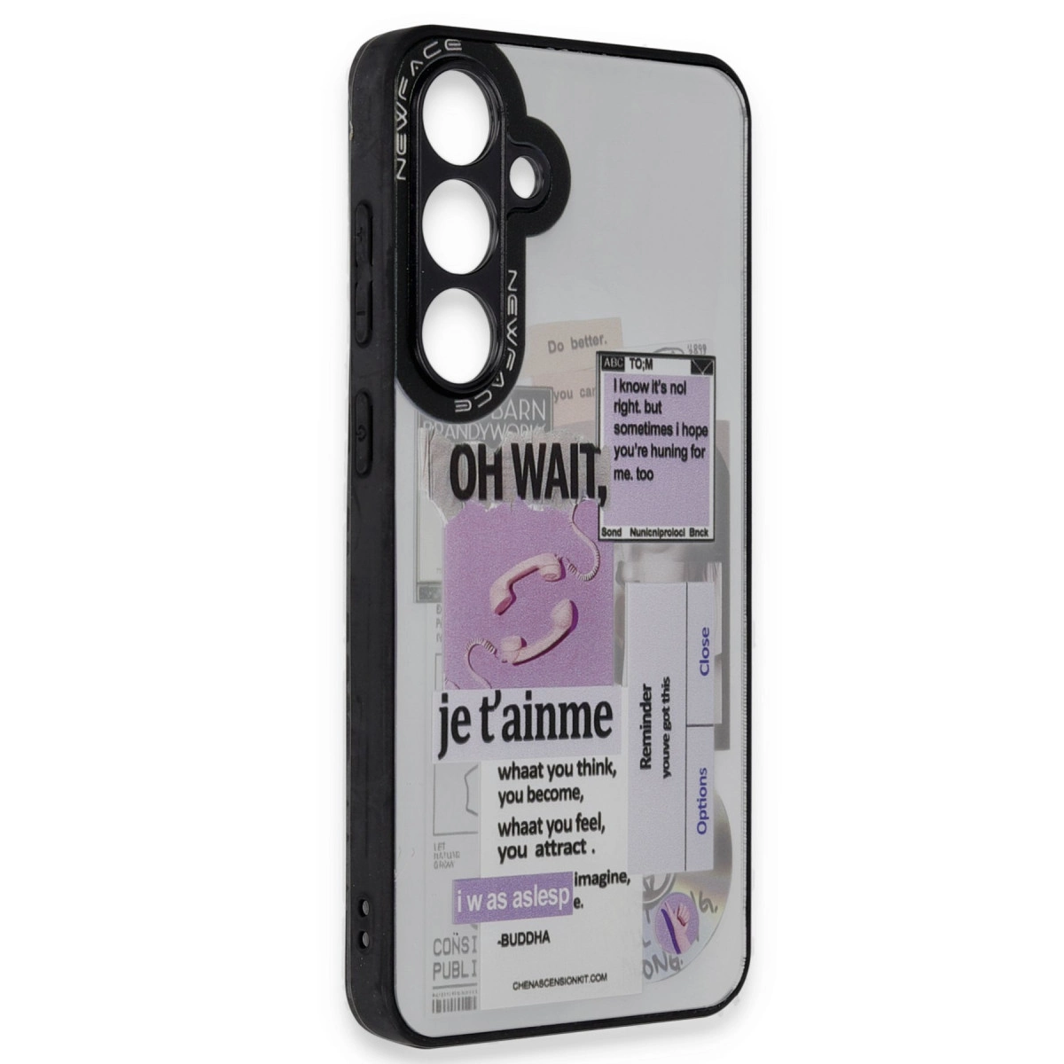Metin ve mor telefon ahiztasına sahip bir kolaj tasarımlı telefon kılıfı.