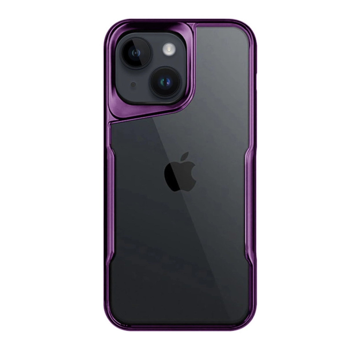 Mor iPhone kılıfı, şeffaf arka yüzü ve Apple logosu ile.