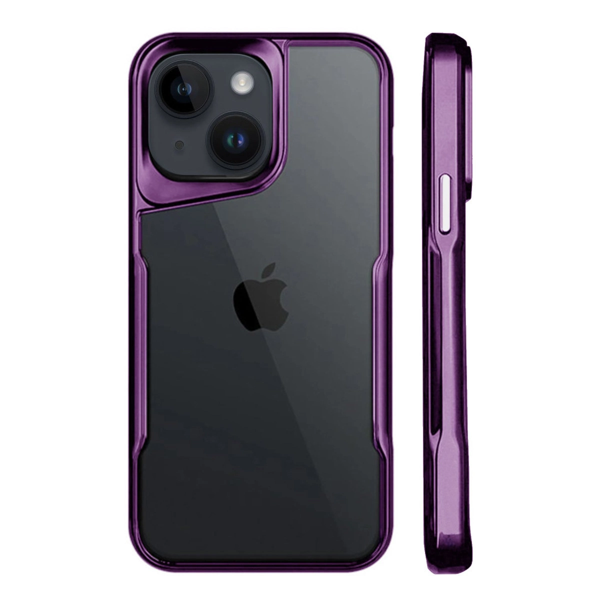 Kamera oyuntulu ve Apple logolu mor şeffaf telefon kılıfı.