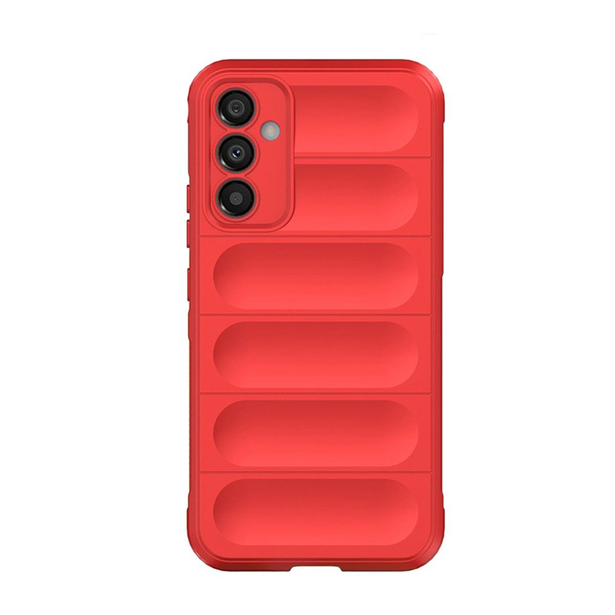 Yatay çıkıntılı ve kamera modüllü kırmızı telefon kılıfı.