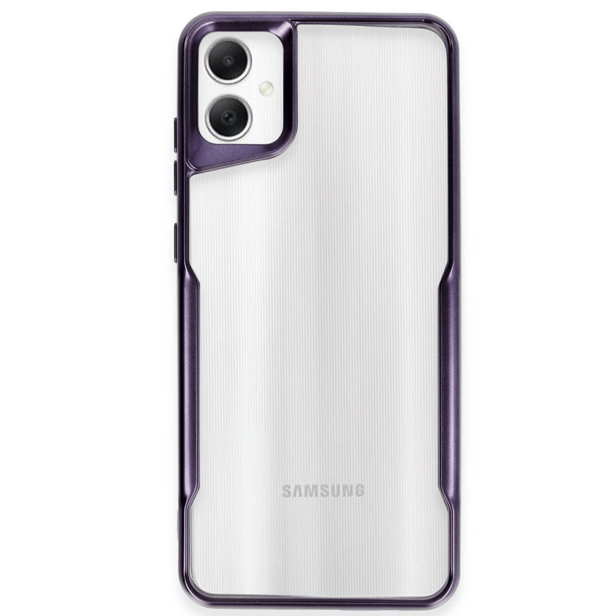 Mor çerçeveli, çift kameralı şeffaf Samsung telefon.