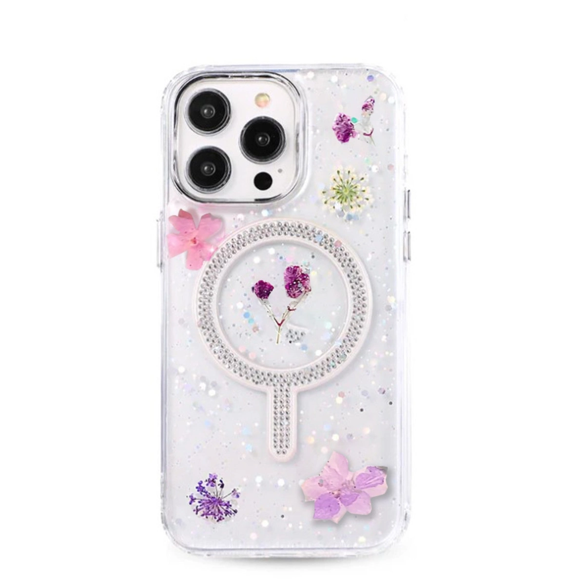 NEWFACE iPhone 14 Pro Uyumlu Flower Magsafe Telefon Kılıfı Mor