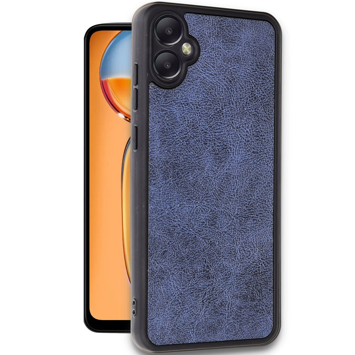 Doku kaplı deri kılıflı mavi akıllı telefon ve kamera modülü.