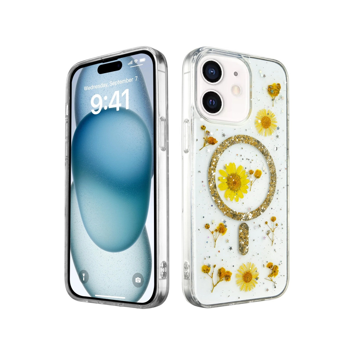 İki iPhone kılıfı: biri mavi ekranlı, diğeri şeffaf ve sarı çiçekli.