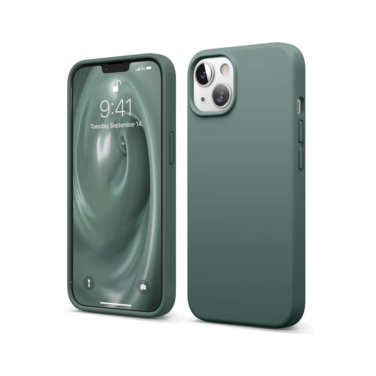 Yeşil bir iPhone kılıf içinde, ön ve arka görünümüyle gösteriliyor. Ekran açık.