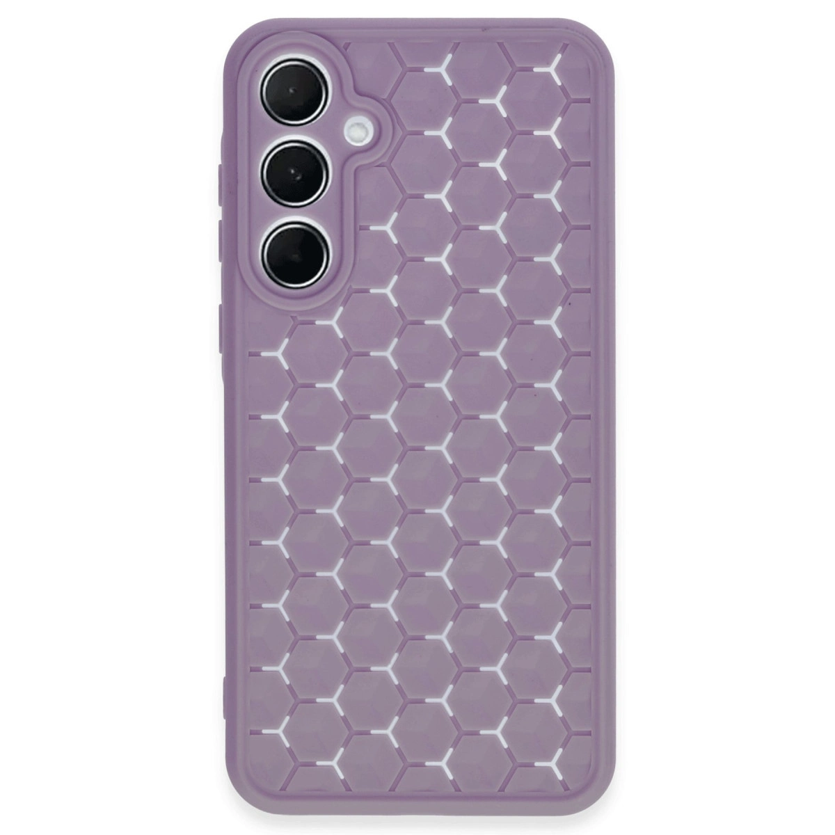 Üç kameralı, petek desenli mor telefon kılıfı.