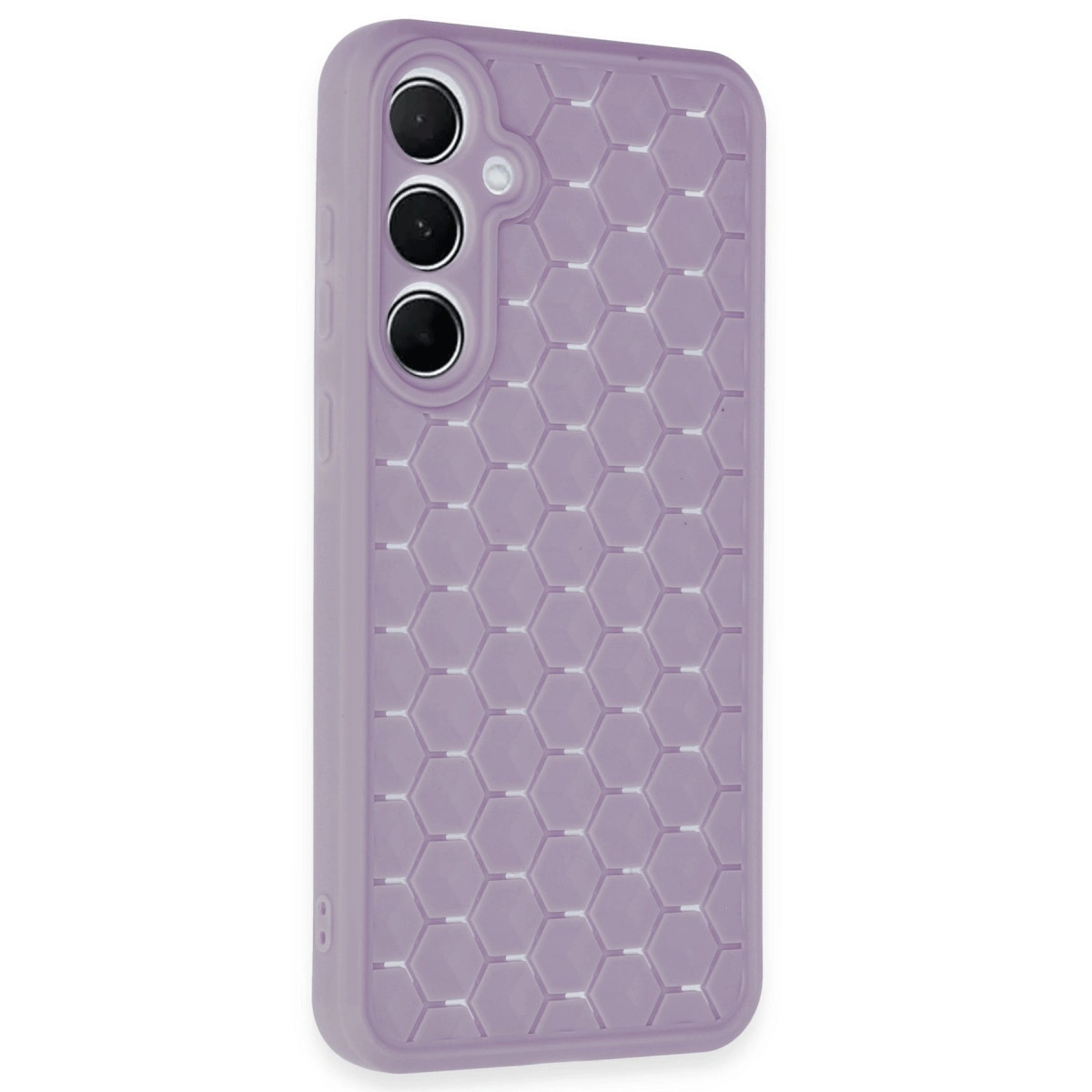 Üç kamera lensli, petek desenli mor telefon kılıfı.