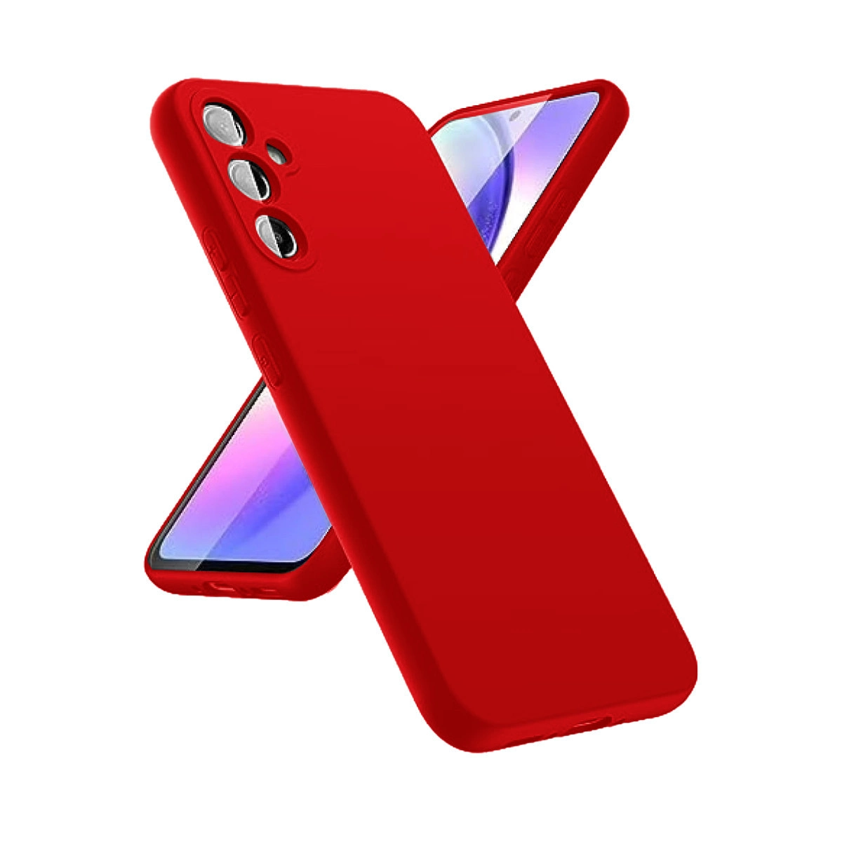 Kamera modüllü bir tane olmak üzere iki kırmızı telefon kılıfı üst üste.