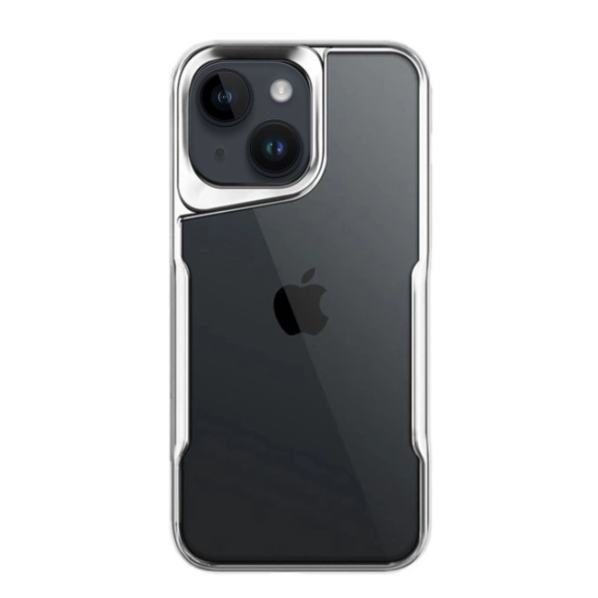 Gümüş kenarlı şeffaf iPhone kılıfı, kamera ve Apple logosunu gösteriyor.