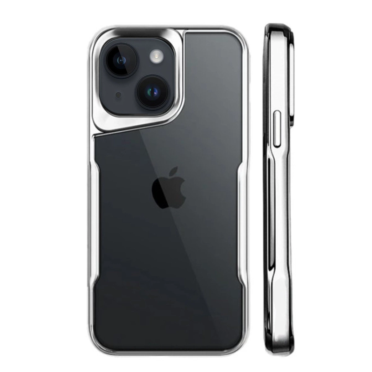 Gümüş kenarlı ve çift kameralı şeffaf iPhone kılıfı.