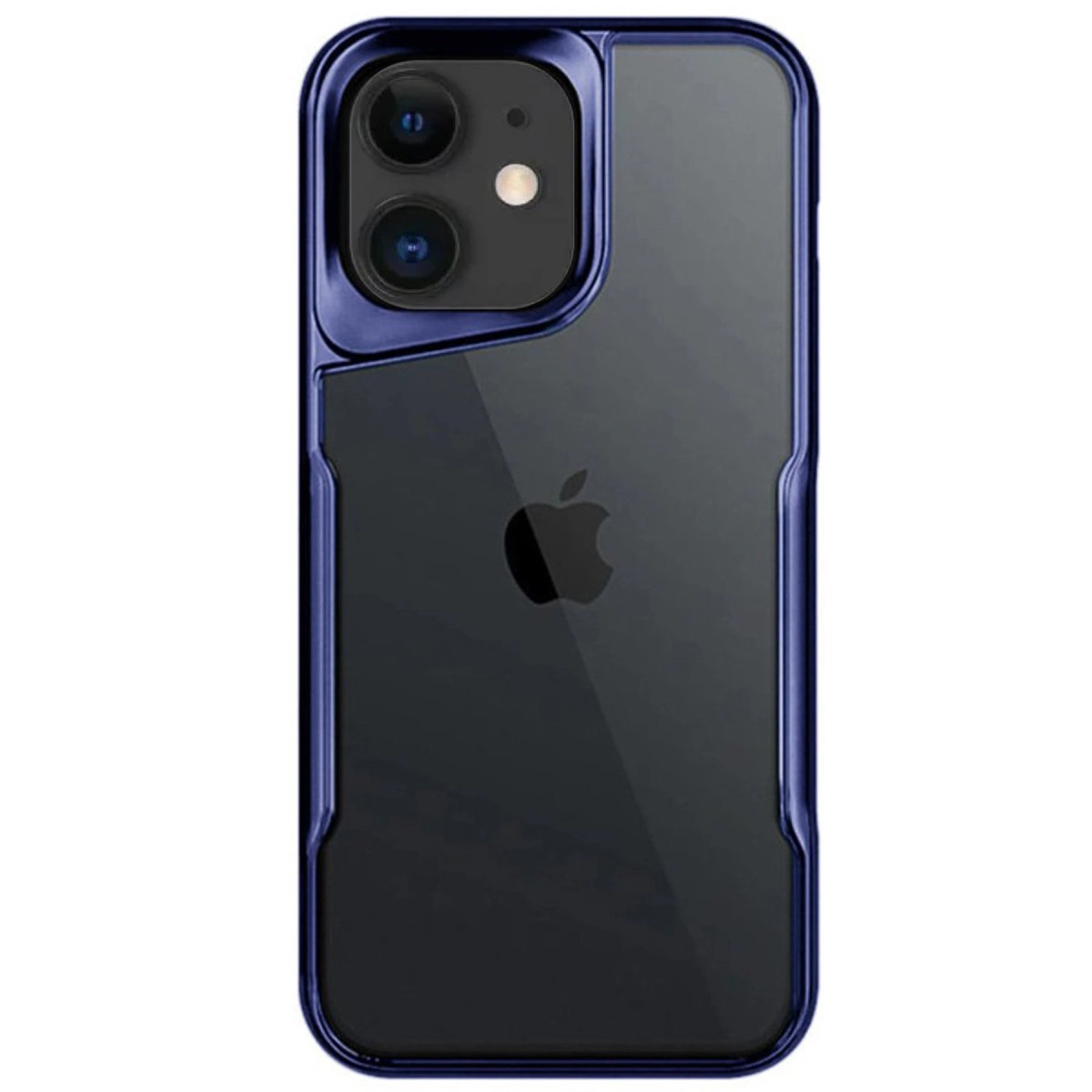 Şeffaf arka ve çift kameralı koyu mavi iPhone kılıfı.