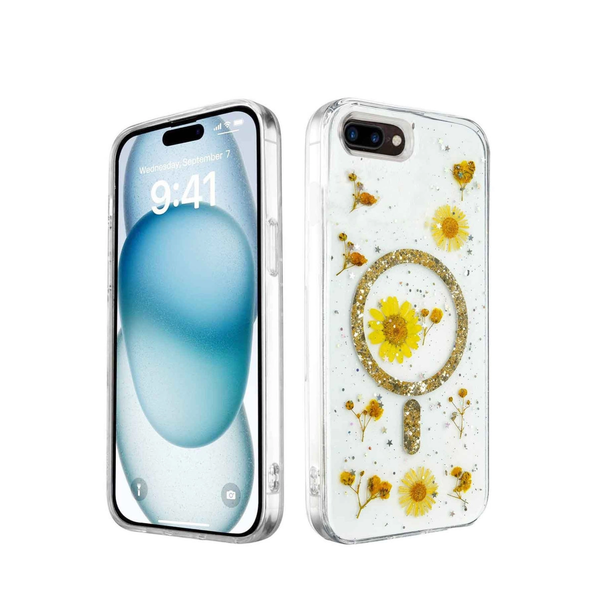 Kuru sarı çiçekler ve sim detaylı şeffaf telefon kılıfı.