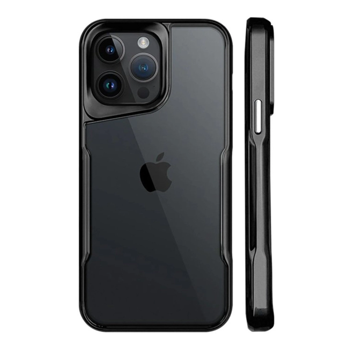 Üç kameralı ve Apple logolu siyah iPhone kılıfı. Yanında yan görünüm.