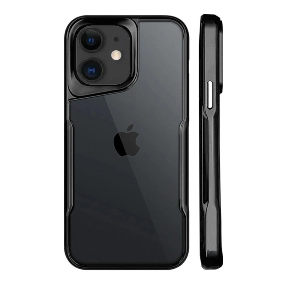 Çift kameralı ve Apple logolu siyah iPhone, arkadan ve yandan görünüm.