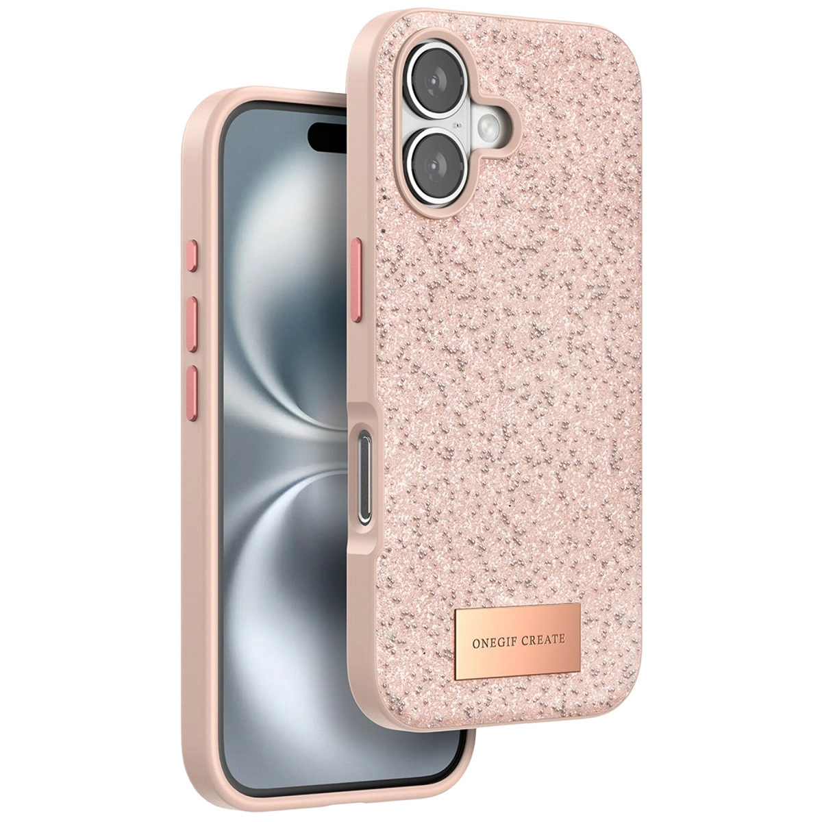 Simli dokulu, kamera çıkıntılı pembe iPhone kılıfı.