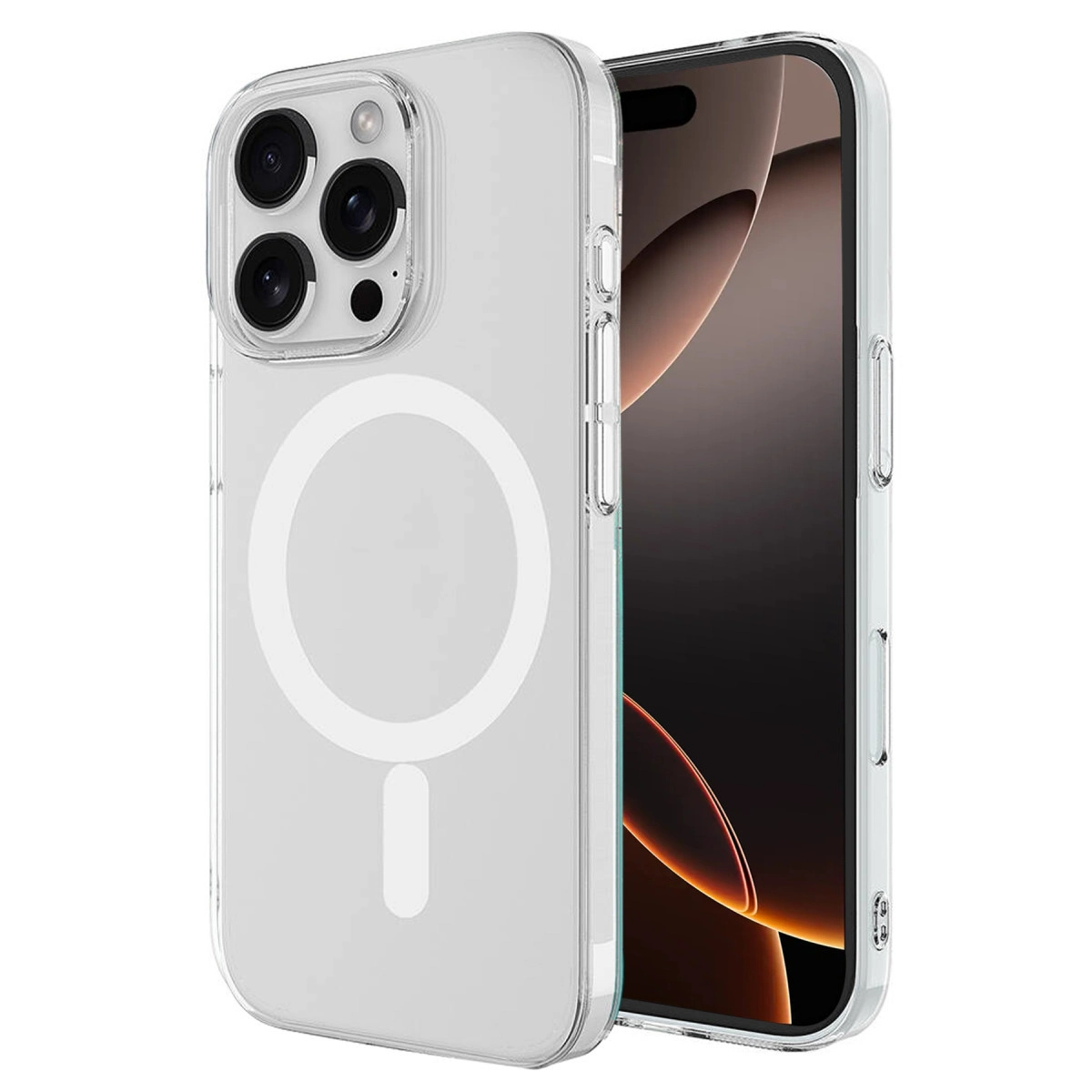 Telefonun üzerinde manyetik halkalı şeffaf telefon kılıfı.