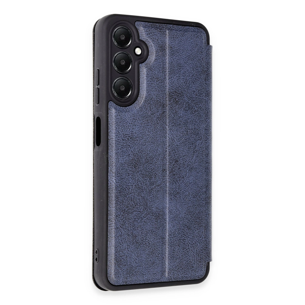 Üç kamera lensli, lacivert deri dokulu telefon kılıfı.