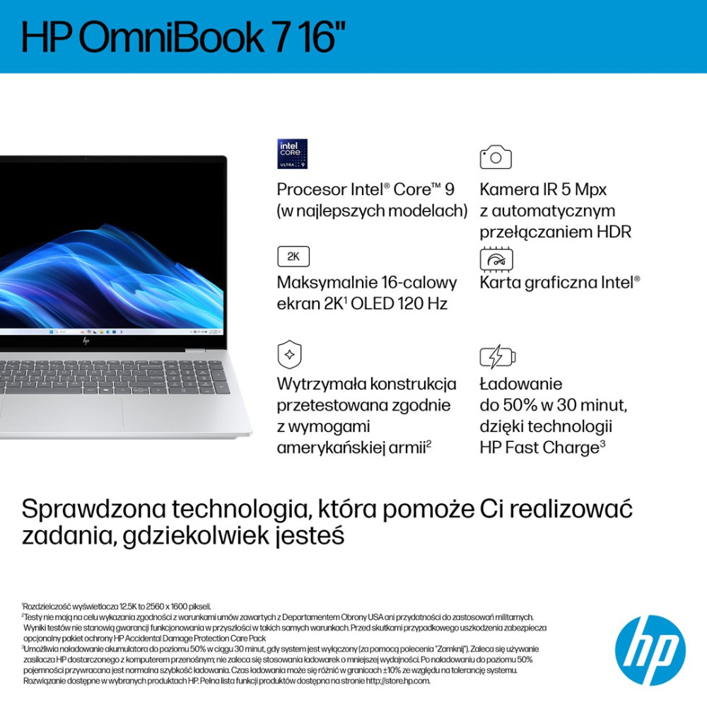 Laptop HP OmniBook 7 16-calowy z procesorem Intel Core 9, ekranem OLED 16 cali i kamerą IR.