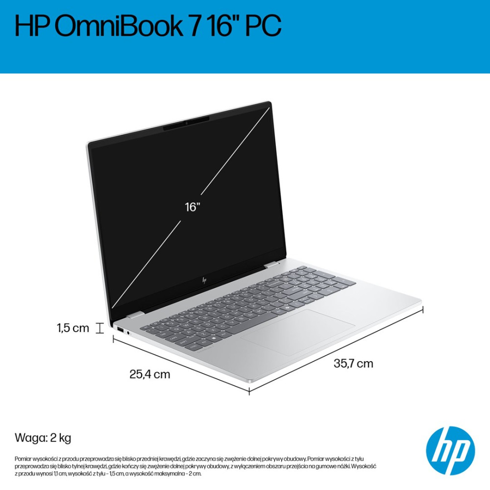 Srebrny laptop HP OmniBook 16-calowy z wymiarami i wagą.